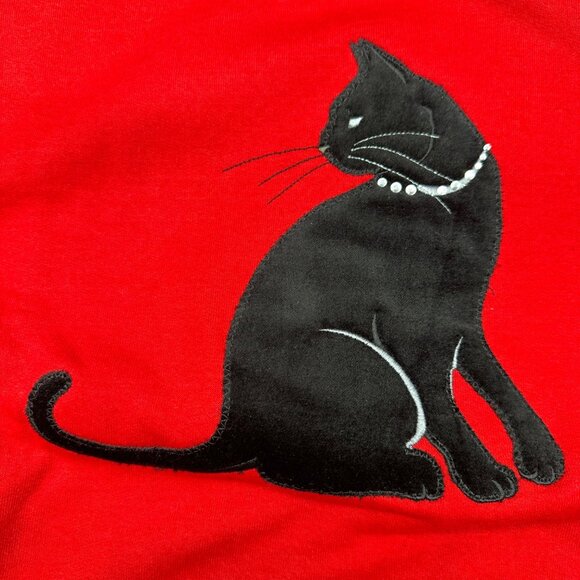 Vintage Red Sweatshirt Black Cat 1990s Rhinestones Medium Top Stitch Kitschy - Picture 4 of 7
